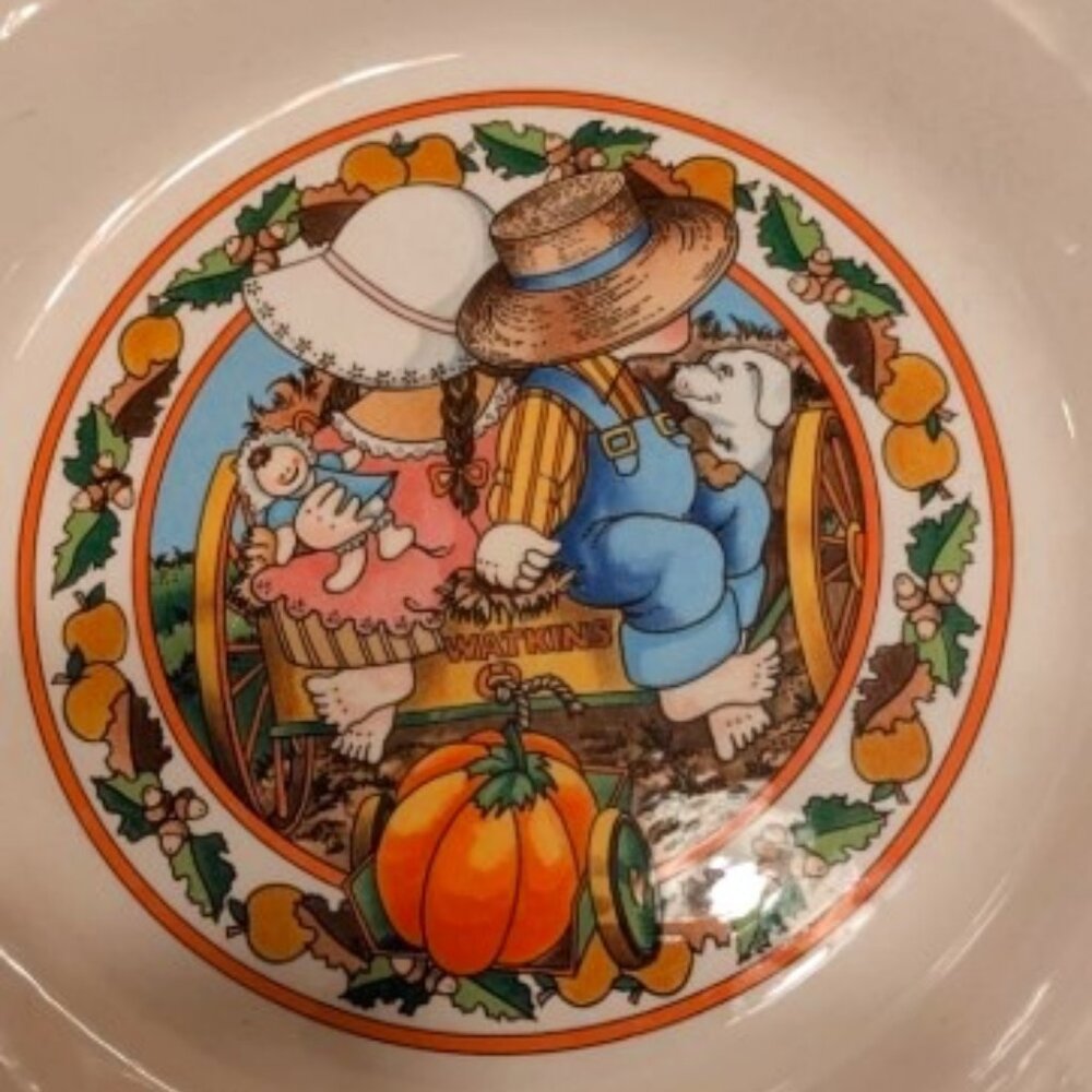Vintage Watkins COUNTRY KIDS Autumn Gold Pie Plate EUC Pumpkin Pie Recipe Back